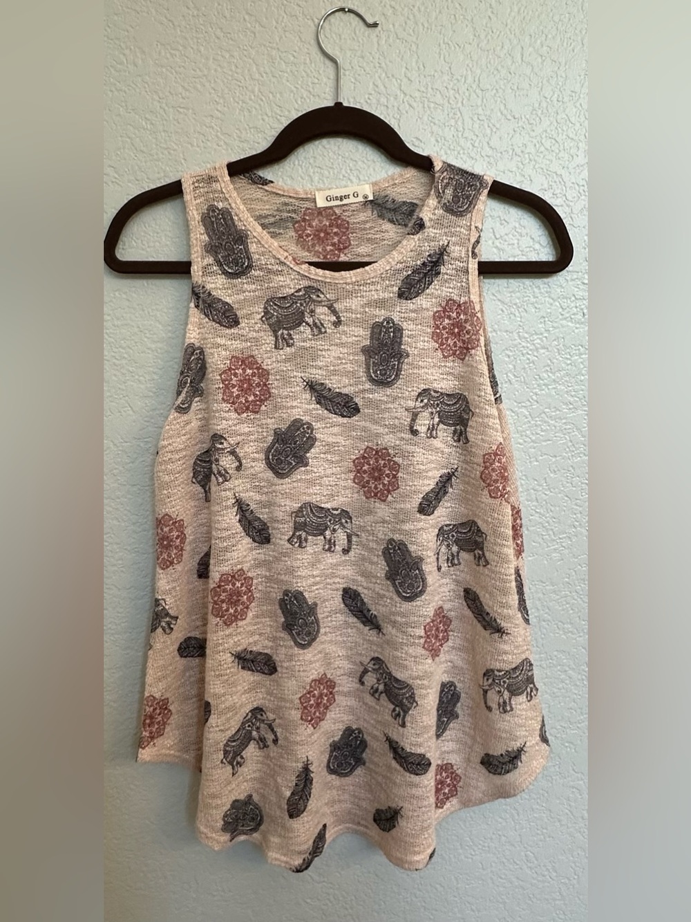 Ginger G Boho Elephant Hamsa Print Sleeveless Tank Top M